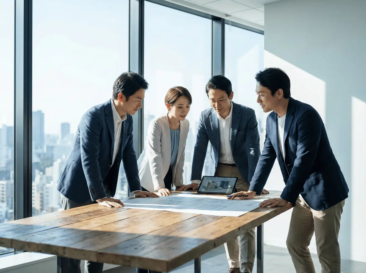 スタッフ同士が笑顔でミーティングをしている風景